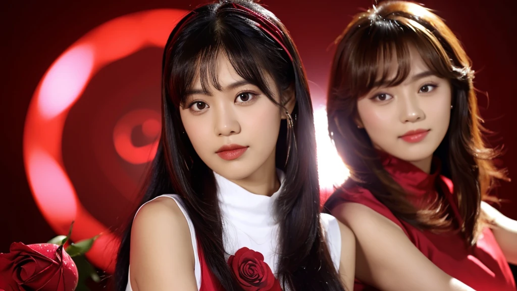 ((a red rose and a female)),red background,(detailed face),VIVID,pretty,sleeveless and turtle neck white silky clothes,4k ,super high resolution ,(photo-realistic: 1.7),black long hair,