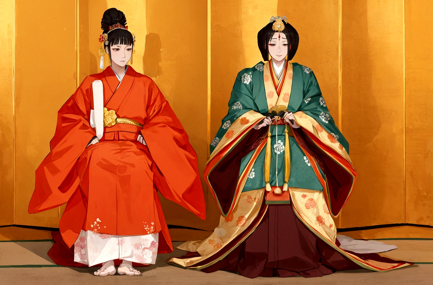 two people in traditional Japanese clothing standing next to each other, Wearing Imperial Kimono, Japan, Wearing a luxurious royal cloak, Royal Costume Akira, Safety, Wearing a royal robe, Traditional attire, traditional Japanese, Written by Tianzheng Xiuwen, or period, Dressed in elaborate green and gold, From the Sengoku period, Couple, Wearing kimono and armor, Glamorous costumes