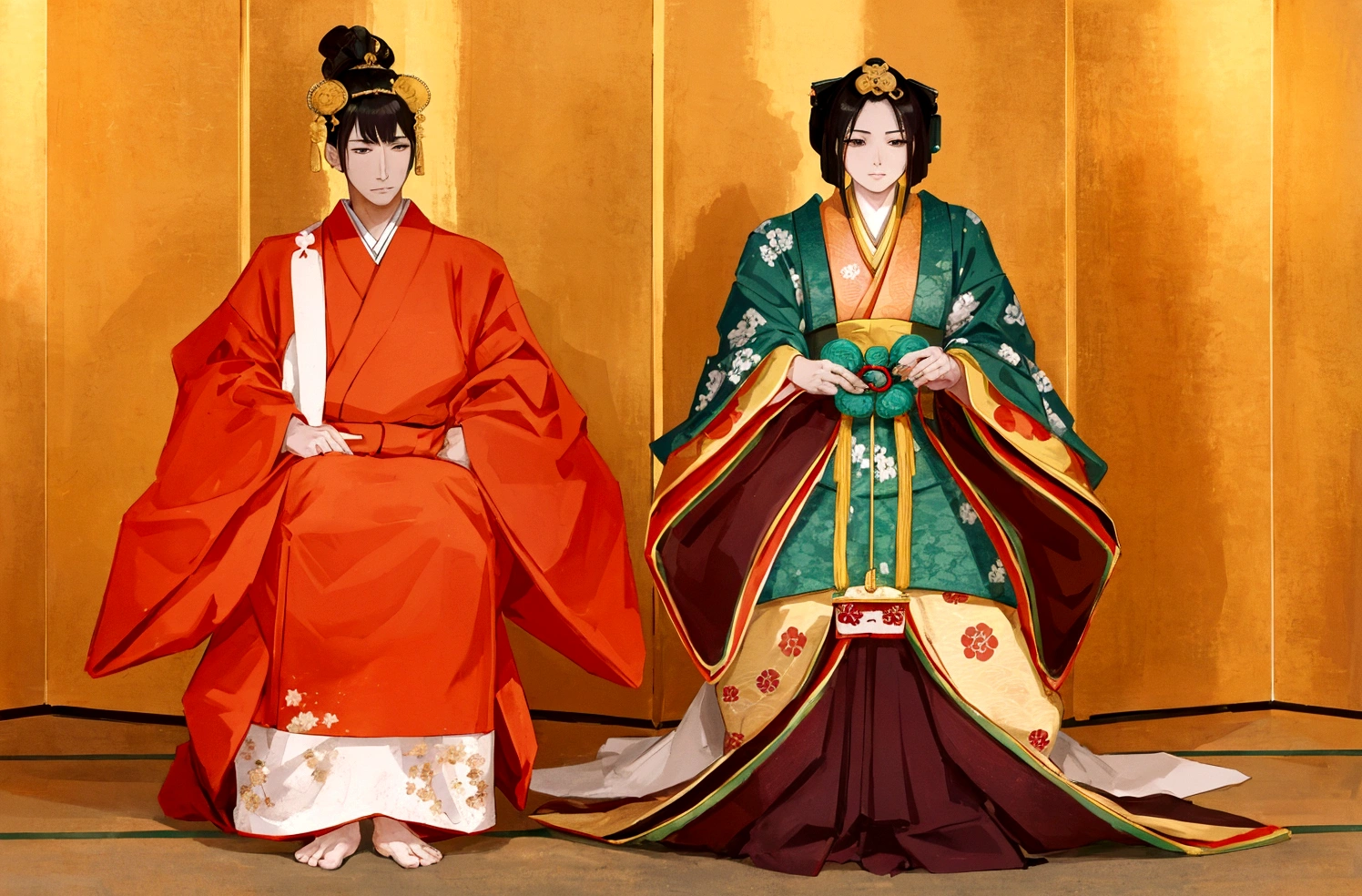 two people in traditional Japanese clothing standing next to each other, Wearing Imperial Kimono, Japan, Wearing a luxurious royal cloak, Royal Costume Akira, Safety, Wearing a royal robe, Traditional attire, traditional Japanese, Written by Tianzheng Xiuwen, or period, Dressed in elaborate green and gold, From the Sengoku period, Couple, Wearing kimono and armor, Glamorous costumes