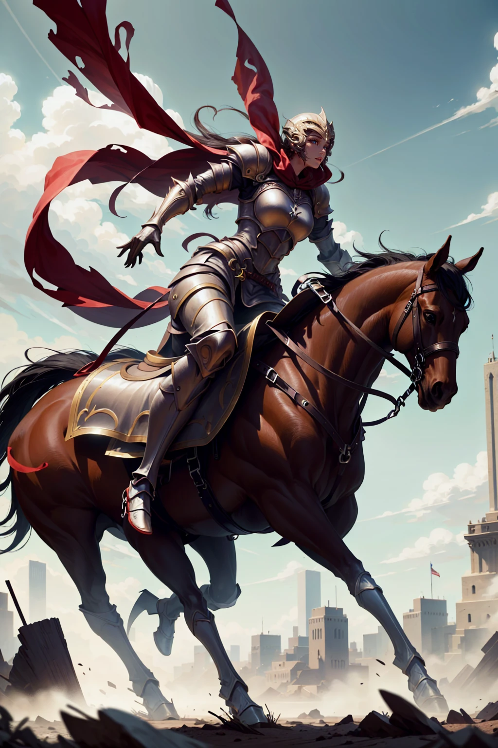 woman knight riding on a horse on the battlefield