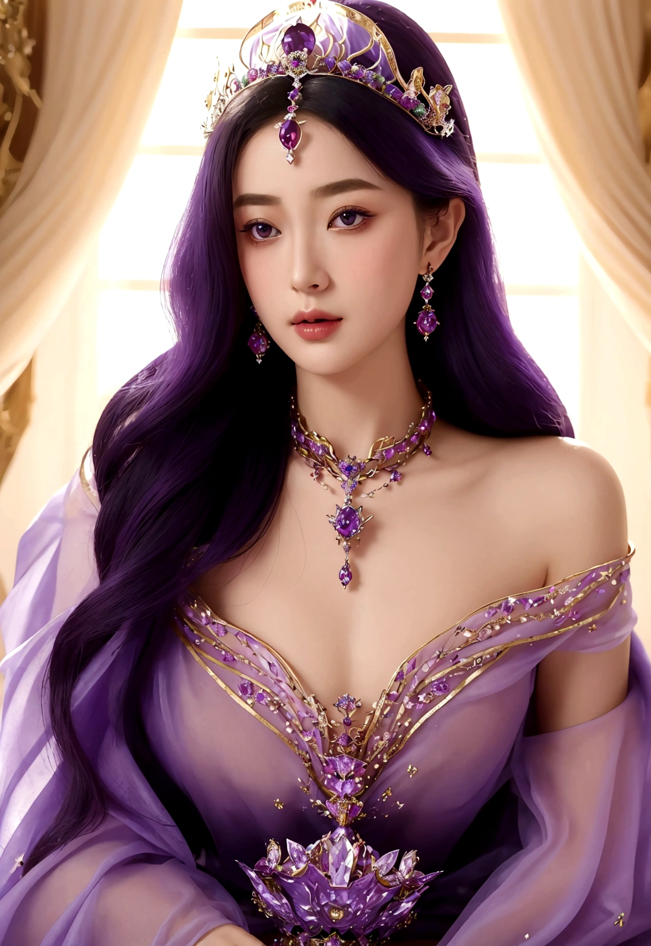 best quality, masterpiece, ultra high resolution, Close-up of woman wearing flowing purple gauze dress, close-up of the whole body, Opening a colorful jewelry box, sexy, cropped shoulder, Beautiful girl, fantasy of a beautiful empress, heavenly beauty, beautiful fantasy girl, beautiful goddess, ((beautiful fantasy empress)), fancy, Ethereal fancy, detailed scene, cool pose, Attractive accessories, picturesque, extremely realistic, very detailed, convoluted