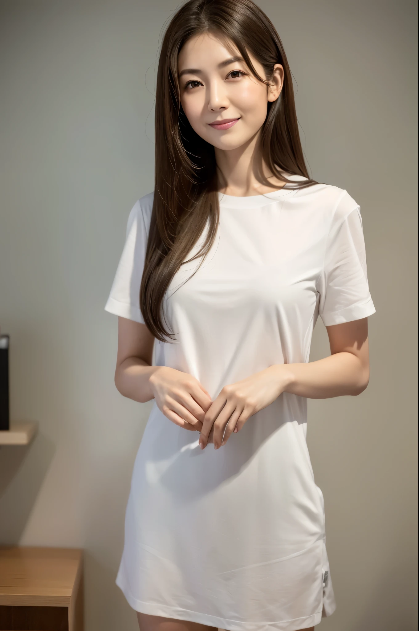 Japanese women, 40s, White background, simple背景,Long Hair、White-brown hair, Slender, 4K, 8K, High quality, Beauty products, EyesBeautiful Eyes, simple, It is high resolution.,1 person,Beautiful Skin,Beautiful Skin、Natural smile、Short sleeve、Wearing a white shirt