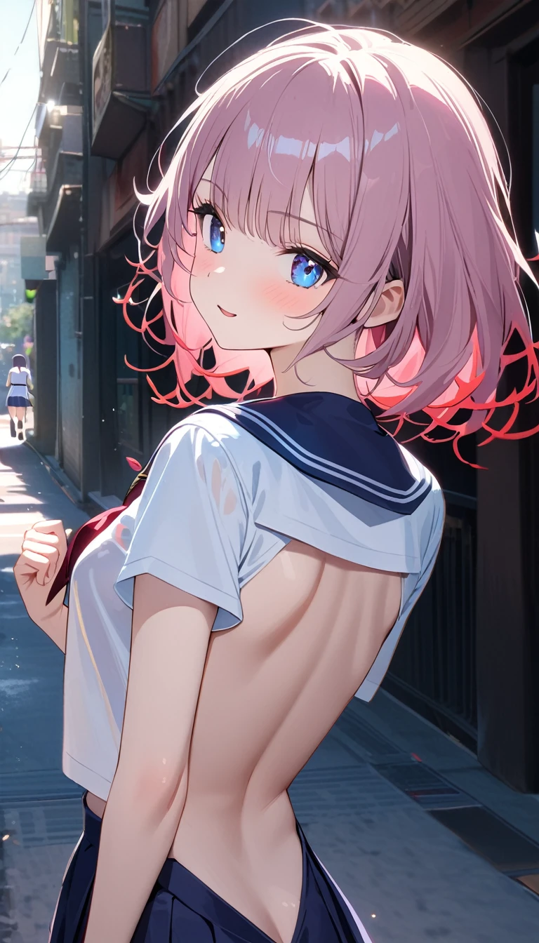 (Fit Body:1.1),(glistening skin:1.1),(pale skin:1.1),(Best Picture Quality, 8K, Masterpiece:1.3),(high school student:1.5), (pink medium hair), (bob cut), (slant skyblue eyes), ((school uniform, white short sleeve shirt, darkblue skirt, pink tie)), (city alley Setting), Professional Lighting, Very Detailed Skin And Hair, (running:1.3), (serafuku:1.3), beguiling expression, (super clear:1.5),((looking back:1.3)),(back shot:1.3),(upper body).