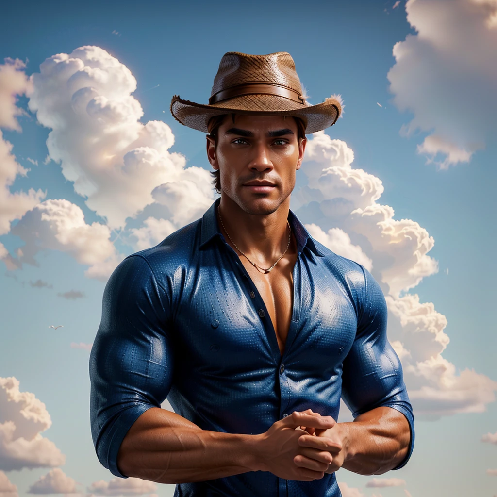 there is a man in a hat standing in front of a cloudy sky, muscle wizard, Attractive man, handsome stunning realistic, in digital illustration style, stylized digital illustration, male character, 3D 8k rendering character art, Handsome man, slim man with light tanned skin, male with halo, character with brown hat, Handsome man, muscular character