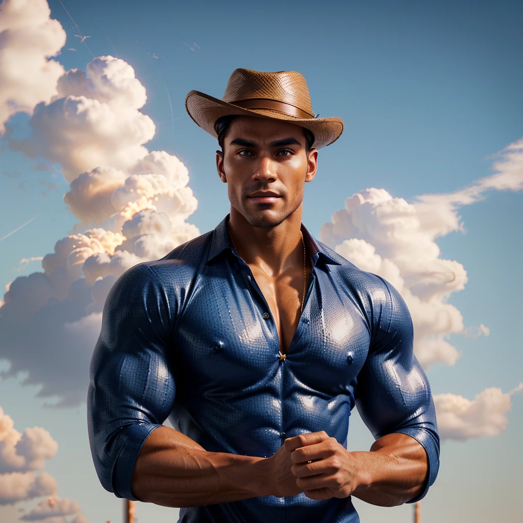 there is a man in a hat standing in front of a cloudy sky, muscle wizard, Attractive man, handsome stunning realistic, in digital illustration style, stylized digital illustration, male character, 3D 8k rendering character art, Handsome man, slim man with light tanned skin, male with halo, character with brown hat, Handsome man, muscular character