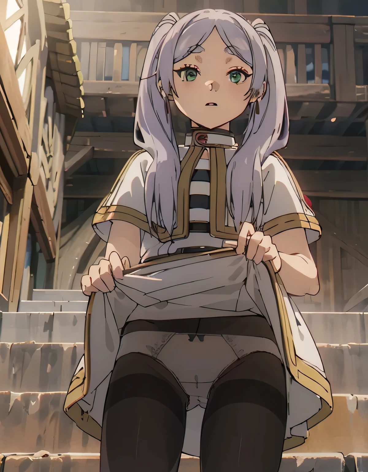 (Highest quality, masterpiece),sexy, erotic, One Girl, 18-year-old, Contempt, pride, Long silver hair, ((Green Eyes)), View your audience, View your audience, Warm Light, ((White Dress)), ((Are standing)), (Small breasts),(((Skirt flip, Panties are visible through black pantyhose))), Two ponytails,upskirt