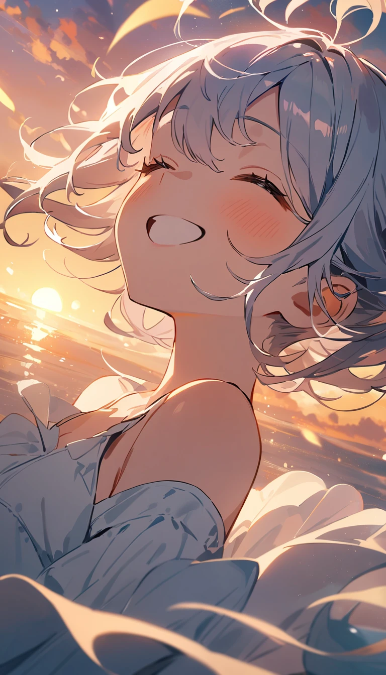 masterpiece, Highest quality, Movie stills, 1 Girl, Cloud Girl, Floating in the sky, close, bright, Happy, Warm and soft lighting, sunset, (spark:0.7)