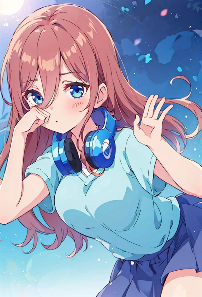 Miku nakano yawning, tender, lovely, 4k, perfect quality, excellent character design, pastel coloured image, vivid colours, bright colours, simple background, magic hill background, splendid nature, natural light, daylight, full body, full shot, dinamic pose, tired, rubbing eyes, laying down, clean lineart, neat, 4k, excellent quality, Ultra Detail, Soft Light, Deep Focus Bokeh, Ray Tracing, --niji 5. long fluffy pink brown hair, blue eyes, nakano_miku, iridescent, blue headset, hair strand falling across face, splendid, iridescent, dynamic pose, moving, excellent character design, full body pose, perfect face, aamiku,long hair,bangs,hair between eyes,headphones around neck