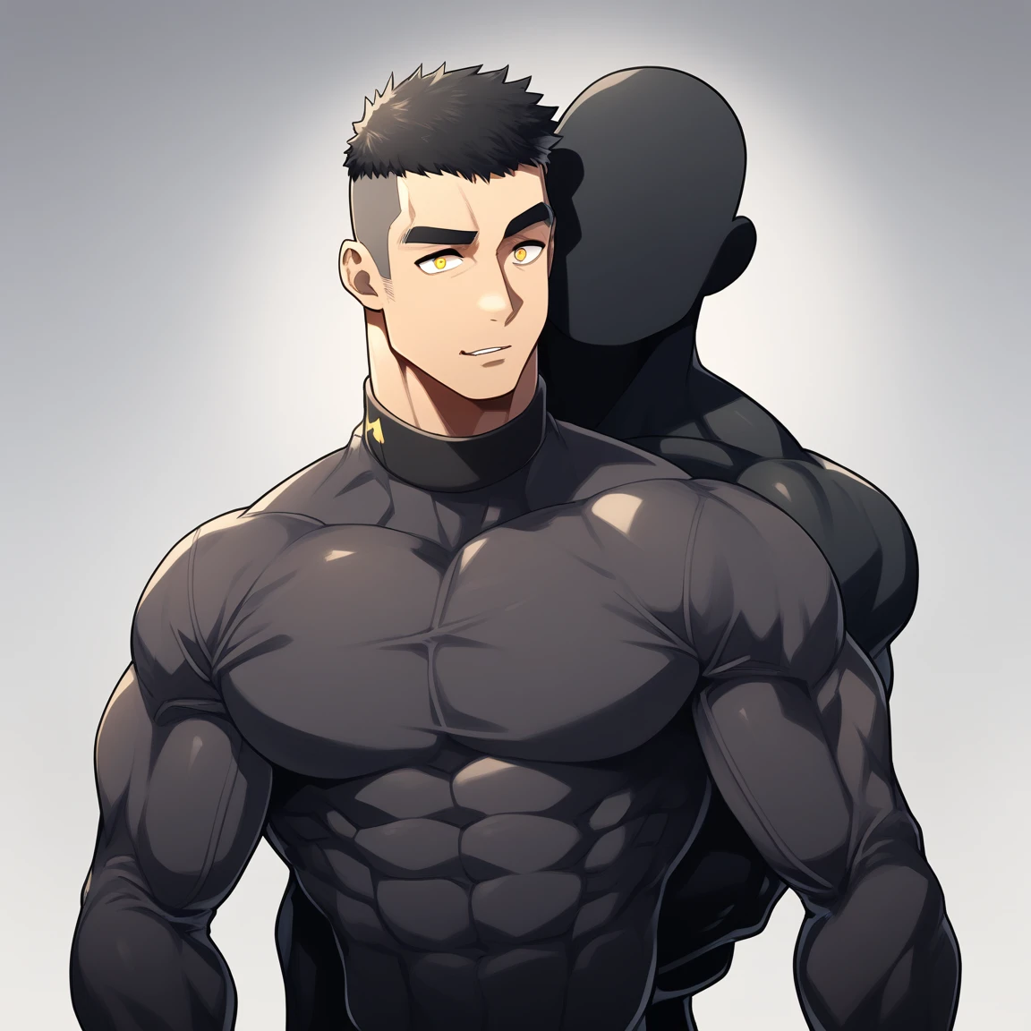 anime characters:Two superheroes in tights, Muscle Sports Student and Muscle No Face No Eyes skinhead superhero, No Face,negro black skin, They hugged and kissed each other, Bite your neck, Caress, Manliness, male focus, Yellow and black high collar long sleeve tight T-shirt, Slightly transparent material, Very tight, Round, full and perky chest muscles, Muscle waist, Slightly transparent, muscular male, muscular, only, Upper body, alone, Black short hair, Thick eyebrows, stubble, Yellow eyes, Grey background, simple background, amazing quality, best aesthetics, Ridiculous, bright pupils, crew cut, parted lips, seductive smile, torogao, naughty face, drop shadow, best quality