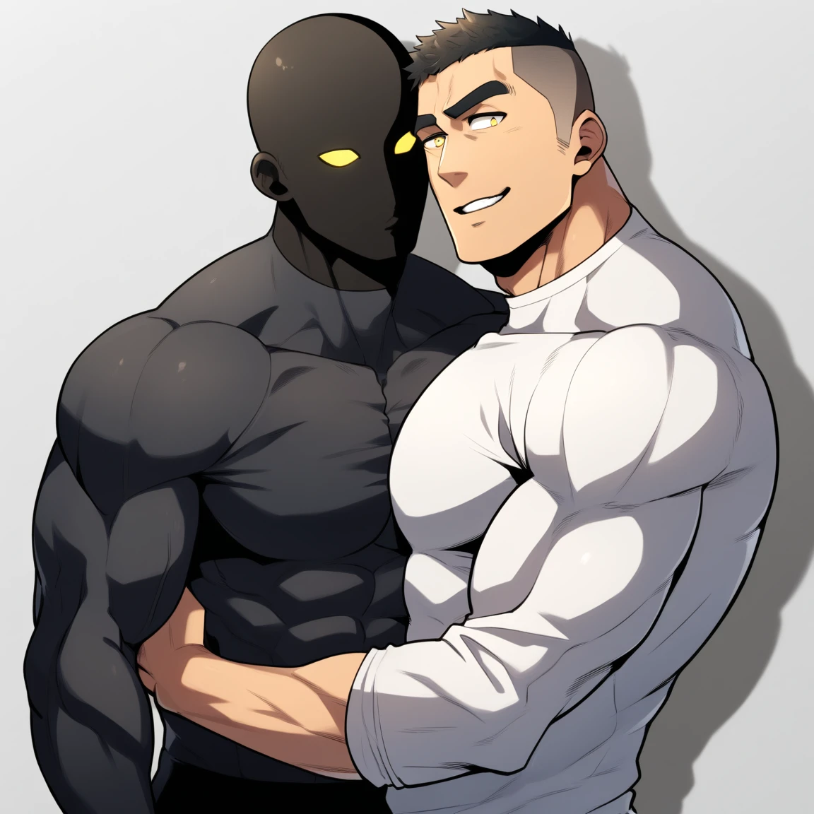 anime characters：Two superheroes in tights, Muscle Sports Student and Muscle No Face No Eyes skinhead superhero, No Face，negro black skin, They hugged and kissed each other, Bite your neck, Caress, Manliness, male focus, Yellow and black high collar long sleeve tight T-shirt, Slightly transparent material, Very tight, Round, full and perky chest muscles, Muscle waist, Slightly transparent, muscular male, muscular, only, Upper body, alone, Black short hair, Thick eyebrows, stubble, Yellow eyes, Grey background, simple background, amazing quality, best aesthetics, Ridiculous, bright pupils, crew cut, parted lips, seductive smile, torogao, naughty face, drop shadow, best quality