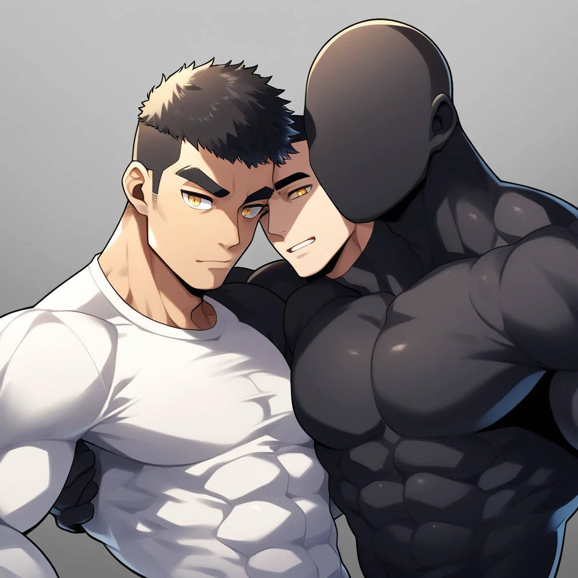 anime characters：Two superheroes in tights, Muscle Sports Student and Muscle No Face No Eyes skinhead superhero, No Face，negro black skin, They hugged and kissed each other, Bite your neck, Caress, Manliness, male focus, Yellow and black high collar long sleeve tight T-shirt, Slightly transparent material, Very tight, Round, full and perky chest muscles, Muscle waist, Slightly transparent, muscular male, muscular, only, Upper body, alone, Black short hair, Thick eyebrows, stubble, Yellow eyes, Grey background, simple background, amazing quality, best aesthetics, Ridiculous, bright pupils, crew cut, parted lips, seductive smile, torogao, naughty face, drop shadow, best quality