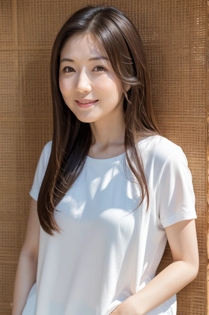 Japanese women, 40s, White background, simple背景,Long Hair、White-brown hair, Slender, 4K, 8K, High quality, Beauty products, EyesBeautiful Eyes, simple, It is high resolution.,1 person,Beautiful Skin,Beautiful Skin、Natural smile、Short sleeve、Wearing summer clothes