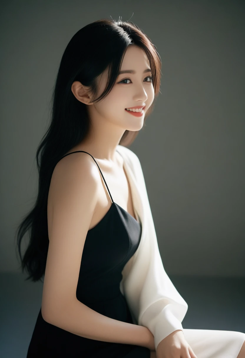 8K, Ultra-high resolution, Highest quality, masterpiece, 三分割法によるphotograph,Surreal, photograph, 1 Girl, (16 years old:1.3), pretty girl, Cute face, Beautiful eyes in every detail, 細かくdetailedに,masterpiece,, One Girl:1.2, Japan Female Announcer,whole body, Long dress,Deep side slits,Black high heels、Beautiful legs,A carefree smile,Heal the heart,Black Hair,Long Straight Hair,Looking at the audience、beauty,Long neck、Laugh a little、Please close your mouth and laugh、(((Ideal body type))),A cup small breasts :2,、Portraiture:2、Perfect Anatomy、鮮明なdetailed、detailed、Surreal、Light and shadow,Strong light