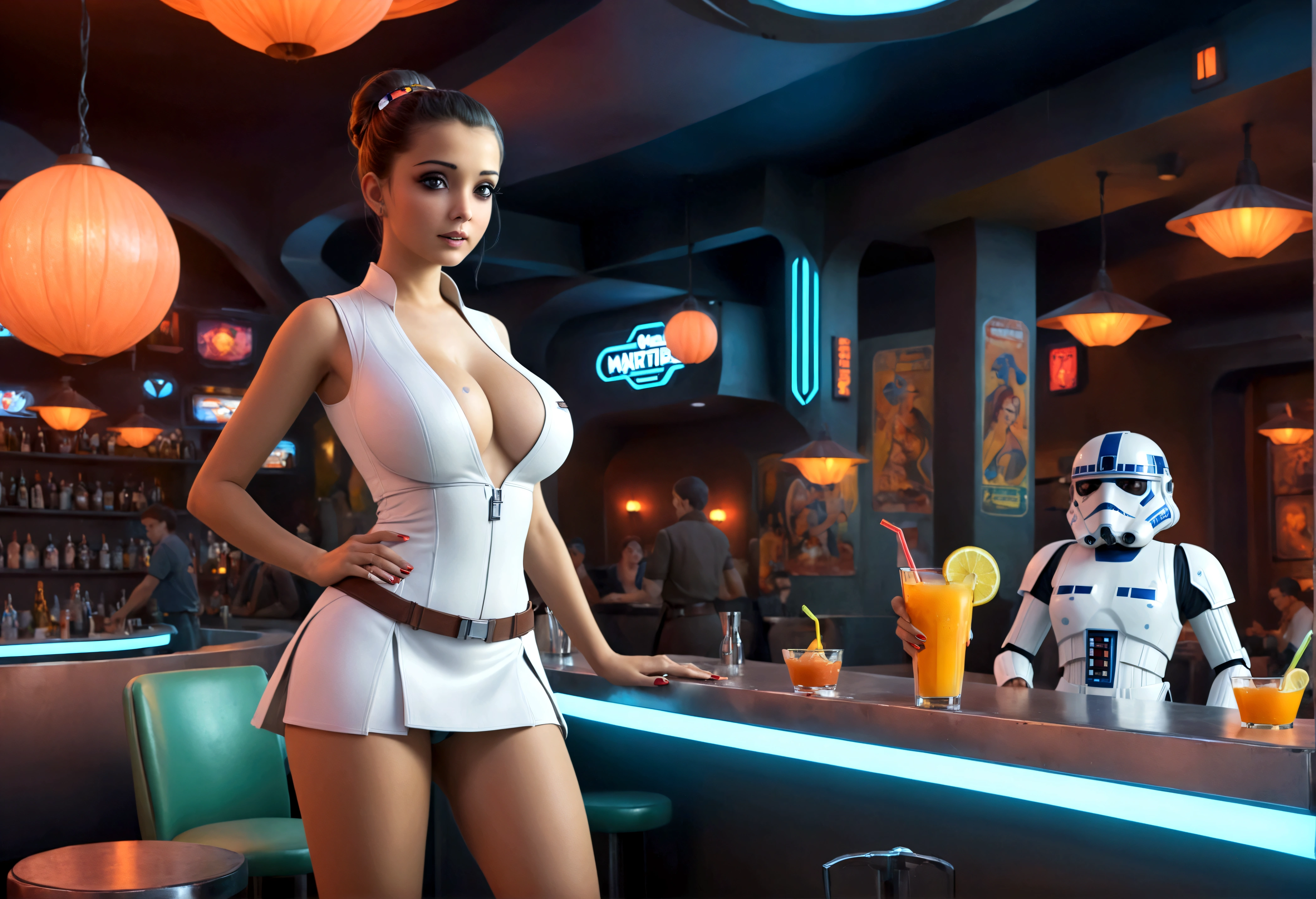 A cute woman in a sci-fi waitress outfit, deep neckline, mini skirt, working at a Star Wars cantina, serving drinks to wild and rowdy aliens, photorealistic, masterpiece, 8k, highly detailed, cinematic lighting, vibrant colors, dynamic composition, dramatic poses, hyper-realistic textures, intricate details, science fiction, futuristic, neon lights, gritty atmosphere