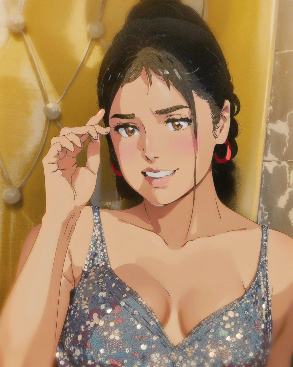 miyamizu_mitsuha, red bowtie,
jewelry, white yoga crop top, white yoga tight shorts, hands on chest,see-through, looking at viewer,  hair ornament, choker, shy,
(masterpiece, top quality, best quality, official art, beautiful and aesthetic:1.2), (1 girl), extreme detailed,  colorful, highest detailed,
(huge breasts:1.2, upper body, from below,  cameltoe,  ) white panties,
china city,street,  sun, cloud, wall, leaning,