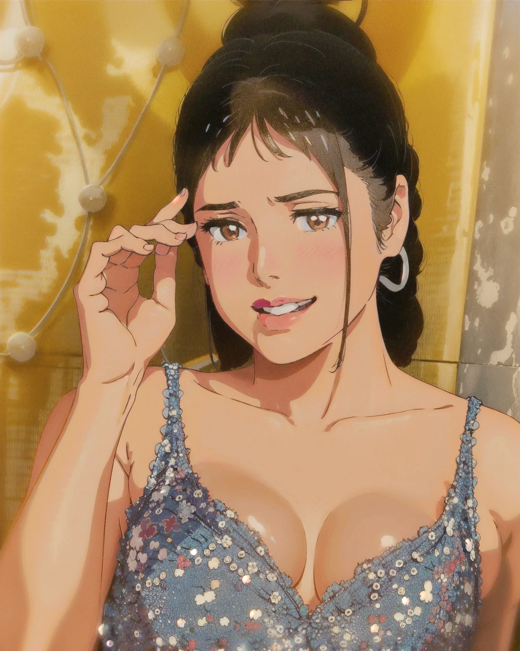 miyamizu_mitsuha, red bowtie,
jewelry, white yoga crop top, white yoga tight shorts, hands on chest,see-through, looking at viewer,  hair ornament, choker, shy,
(masterpiece, top quality, best quality, official art, beautiful and aesthetic:1.2), (1 girl), extreme detailed,  colorful, highest detailed,
(huge breasts:1.2, upper body, from below,  cameltoe,  ) white panties,
china city,street,  sun, cloud, wall, leaning,