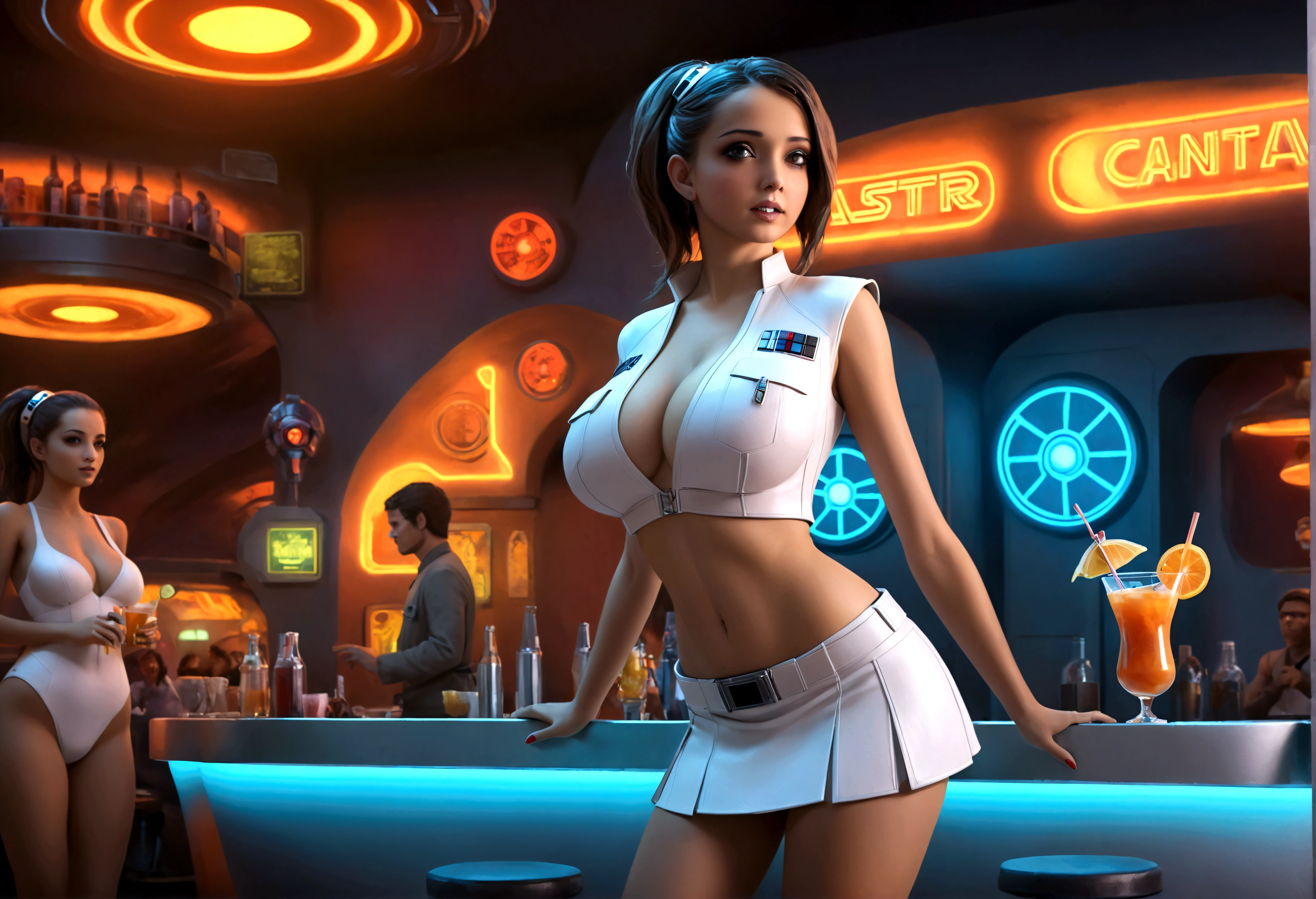 A cute woman in a sci-fi waitress outfit, deep neckline, mini skirt, working at a Star Wars cantina, serving drinks to wild and rowdy aliens, photorealistic, masterpiece, 8k, highly detailed, cinematic lighting, vibrant colors, dynamic composition, dramatic poses, hyper-realistic textures, intricate details, science fiction, futuristic, neon lights, gritty atmosphere
