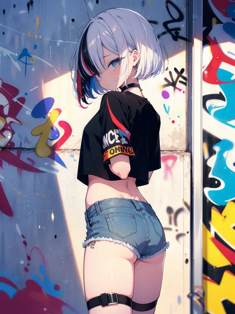 (cowboy shot), (best quality, ultra-high resolution, depth of field:1.2), adult, 1woman, solo, streaked hair, short hair, bangs, crop top, denim shorts, choker, (graffiti:1.4), paint splatter, arms behind back, (slouching), (leaning back:0.5), against wall, (leaning to the side:0.5), looking at viewer, armband, thigh strap, streaked hair, paint on body, upturned eyes, head down, head tilt, (from side:1), bored