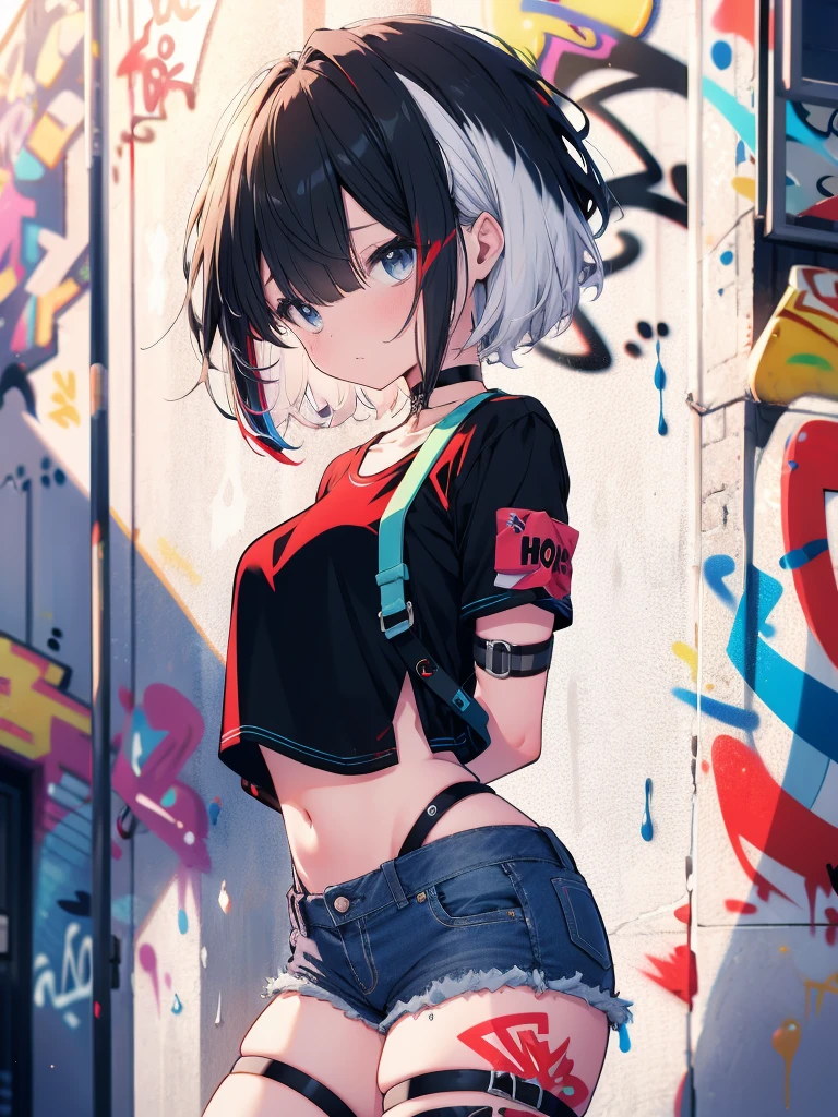 (cowboy shot), (best quality, ultra-high resolution, depth of field:1.2), adult, 1woman, solo, streaked hair, short hair, bangs, crop top, denim shorts, choker, (graffiti:1.4), paint splatter, arms behind back, (slouching), (leaning back:0.5), against wall, (leaning to the side:0.5), looking at viewer, armband, thigh strap, streaked hair, paint on body, upturned eyes, head down, head tilt, (from side:1), bored