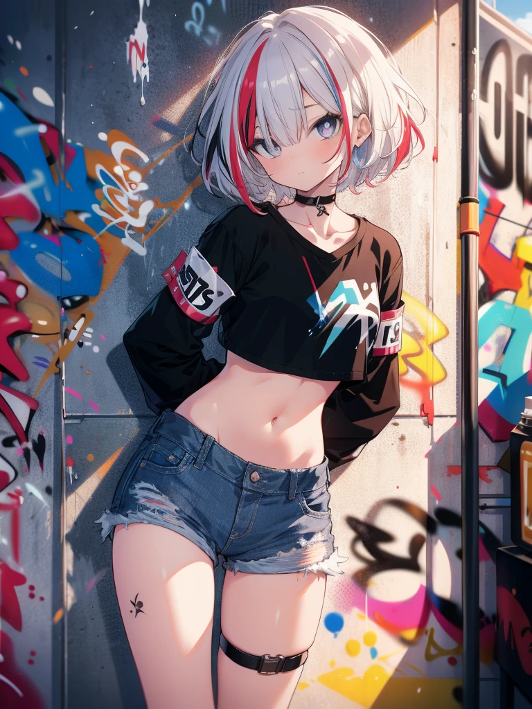 (cowboy shot), (best quality, ultra-high resolution, depth of field:1.2), adult, 1woman, solo, streaked hair, short hair, bangs, crop top, denim shorts, choker, (graffiti:1.4), paint splatter, arms behind back, (slouching), (leaning back:0.5), against wall, (leaning to the side:0.5), looking at viewer, armband, thigh strap, streaked hair, paint on body, upturned eyes, head down, head tilt, (from side:1), bored