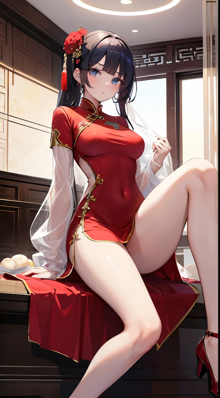 A girl,Wearing a long red cheongsam,Royal sisters,Around 18 years old,Blue eyes,Huge ,Tight,Face Optimization,Stand in the house,Open your thighs,Look at the face,transparent,Ball Head,Support chest with elbows,Chinese idol,Frontal shot,Wear cloth shoes,Nail Art,Five fingers