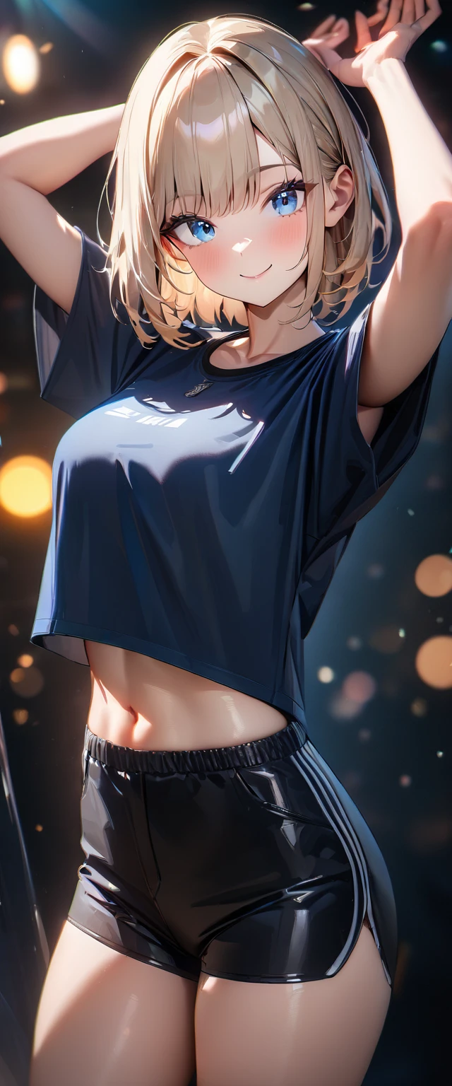 (((One girl))), blond hair, bob cut, breasts, from front, (cowboy shot), (looking at viewer), ((black shorts)), ((black crop top overhang)), short sleeves, Casual Stance, ((sun glasses)), arms up, midriff peek, ager, head tilt:1.3, (((blue eye))), ((happy smile)), ((sleeves past wrists)), anime style, (best quality, 4k, 8k, highres, masterpiece:1.2, ultra-detailed, ultra-detailed eyes, HDR, UHD, studio lighting, ultra-fine painting, sharp focus, physically-based rendering, extreme detail description, professional, vivid colors, bokeh), ((Highest quality, Best image quality, Ultra-high resolution, Ultra-high resolution, solo, Strong eye highlights)), Depth of written boundary, Natural soft light, attractive, Beautiful Face, Cleanliness, Pure Face, nedium chest, Beautiful Face, Perfect Fingers, Perfect hands, Perfect body, Perfect Face, Shine a light into your eyes, Perfect Anatomy