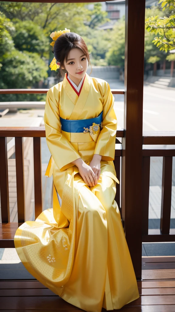 Korean woman sitting on railing wearing yellow hanbok