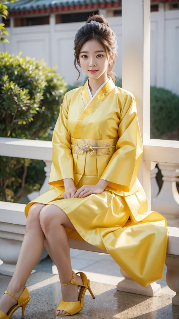 Korean woman sitting on railing wearing yellow hanbok