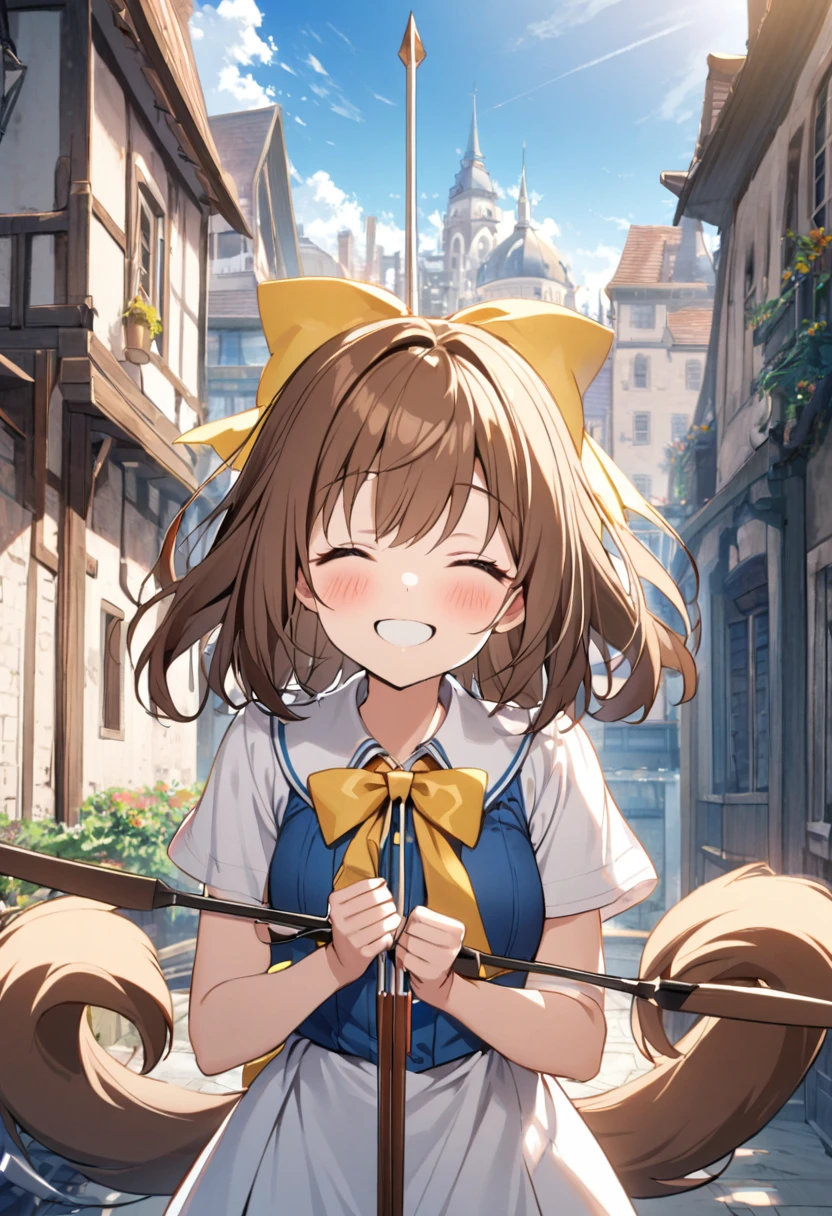 1 girl, alone, broad, blush, SMILE, Brown hair, bow, two tails, Closed eyes, weapon, short sleeves, hair bow, sky, day, blue sky, building, in front of the viewer, yellow bow, bow (weapon), ARROW (projectile)