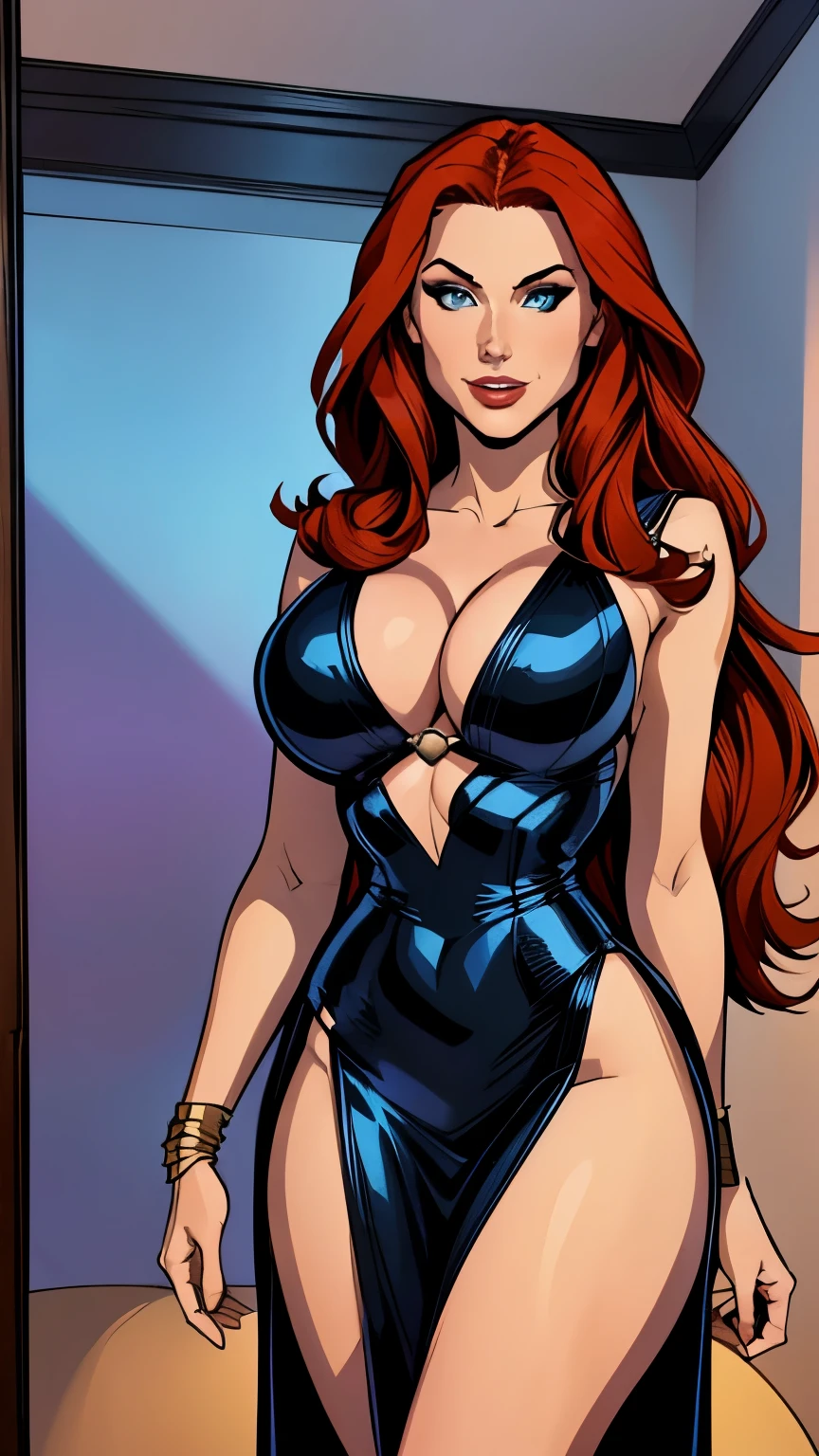 .21 year old woman , long straight red hair, bright and expressive blue eyes, she opted for an elegant black dress. loot, busty. comic style. quadrinhos da marvel