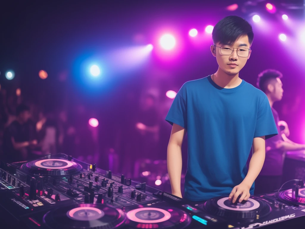 21 year old Chinese boy, he is wearing a oversize blue t shirt XXL, he is wearing black Jogger trousers, he is wearing black sneakers, he is wearing glasses, he is Master of Ceremony in front of a DJ set , NIGHTCLUB, full body, he is buzz cut Hair, foot, Photo taken on the side