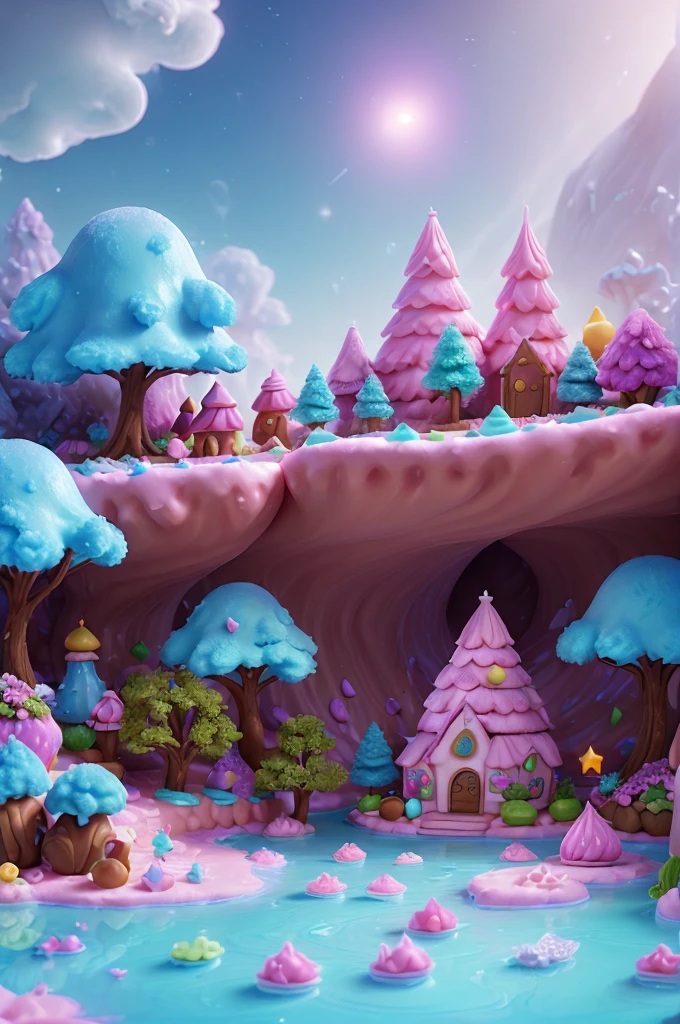 (((Electronic games_style))), (Clear focus:1.2), ((Crystal Puff )), (Moody Lightning:1.2), Soft grey light, Depth of Field, Bokeh, 4K, Human Development Report,, Pink cake house,Beautiful cream puffs glowing in the ethereal light of studio lighting, Lights reflect shadows on purple aquamarine decorated with cream puffs, Ambient light reflection, Interweaving of light and shadow,Highlight the natural beauty of puffs,, (The shape is as smooth and curved as velvet:1.2), (High contrast captures changes in light and shadow), night, Peaceful and grateful atmosphere, Artistic Heart, Magical atmosphere, The moonlight casts a beam of light on the landscape made of desserts, Award-winning art,, Desolate Space, Fantasy food landscape, Detail color is purple, Magical atmosphere, Fairytale-like, Landscape made of candies decorated with white powdered sugar and cream, DonMC4ndyL4nd Small lake made of chocolate cream ChocolateWetStyle, A land flowing with milk and honey, A fantastic landscape made of candy and ice cubes: Lake made of strawberry milk, Small pieces of vanilla chocolate swimming in it, , , The strawberry milk lake is surrounded by colorful macarons and pastry sticks., , , Landscape made of mint ice cream, , , In the background is the Caramel Cream Falls flowing into Strawberry Lake, , , powdered sugar blows in the wind and covers the A land flowing with milk and honey, , , The atmosphere was magical, Sweet as a fairy tale,