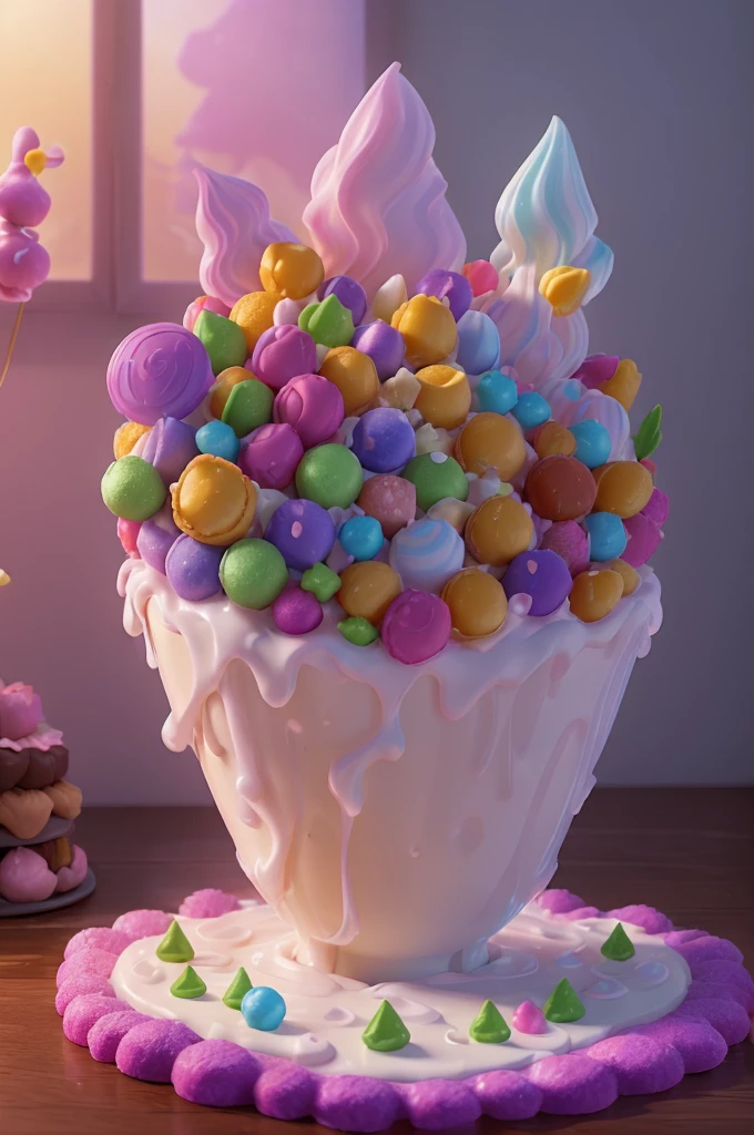 (((Electronic games_style))), (Clear focus:1.2), ((Crystal Puff )), (Moody Lightning:1.2), Soft grey light, Depth of Field, Bokeh, 4K, Human Development Report,, Pink cake house,Beautiful cream puffs glowing in the ethereal light of studio lighting, Lights reflect shadows on purple aquamarine decorated with cream puffs, Ambient light reflection, Interweaving of light and shadow,Highlight the natural beauty of puffs,, (The shape is as smooth and curved as velvet:1.2), (High contrast captures changes in light and shadow), night, Peaceful and grateful atmosphere, Artistic Heart, Magical atmosphere, The moonlight casts a beam of light on the landscape made of desserts, Award-winning art,, Desolate Space, Fantasy food landscape, Detail color is purple, Magical atmosphere, Fairytale-like, Landscape made of candies decorated with white powdered sugar and cream, DonMC4ndyL4nd Small lake made of chocolate cream ChocolateWetStyle, A land flowing with milk and honey, A fantastic landscape made of candy and ice cubes: Lake made of strawberry milk, Small pieces of vanilla chocolate swimming in it, , , The strawberry milk lake is surrounded by colorful macarons and pastry sticks., , , Landscape made of mint ice cream, , , In the background is the Caramel Cream Falls flowing into Strawberry Lake, , , powdered sugar blows in the wind and covers the A land flowing with milk and honey, , , The atmosphere was magical, Sweet as a fairy tale,