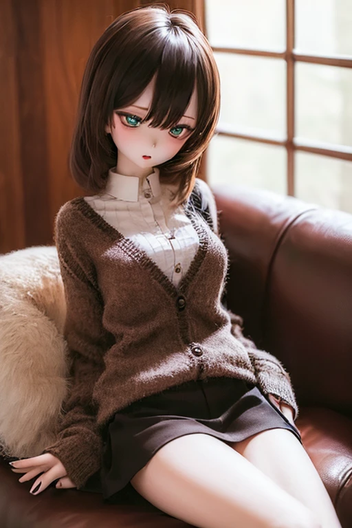 (SFW:2), photorealistic, realistic photo, ((highest quality)), ((masterpiece)), ((extremely detailed)), kukolnydom, doll, (mature woman, 21yo, 21 years old:1.6), solo, ((cowboy shot, sitting on sofa, reclining on sofa, skinny, slender, slim)), green eyes, parted lips, (brown hair, looking down, blank eyes, empty eyes, detailed eyes, detailed face:1.3), cardigan, blouse, skirt, museum, 8k