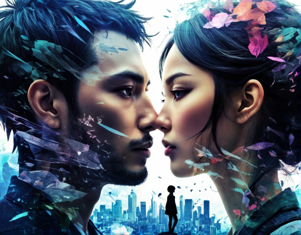 a man and woman looking at each other,多くのdouble exposure collage art illustration, silhouette art, fantasy, hdr, vibrant, surrealism, hyperdetailed, hypermaximalist illustration, art by Anime Key Visual, Japanese Manga, Pixiv, Zerochan, Anime art, Fantia