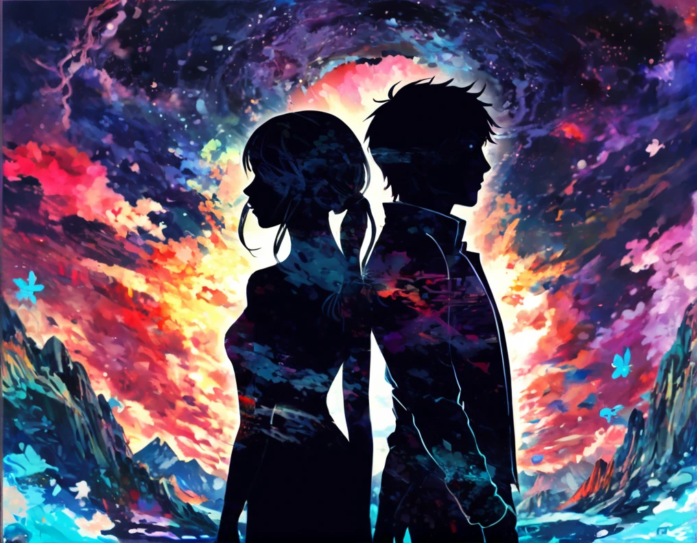 a man and woman looking at each other,多くのdouble exposure collage art illustration, silhouette art, fantasy, hdr, vibrant, surrealism, hyperdetailed, hypermaximalist illustration, art by Anime Key Visual, Japanese Manga, Pixiv, Zerochan, Anime art, Fantia