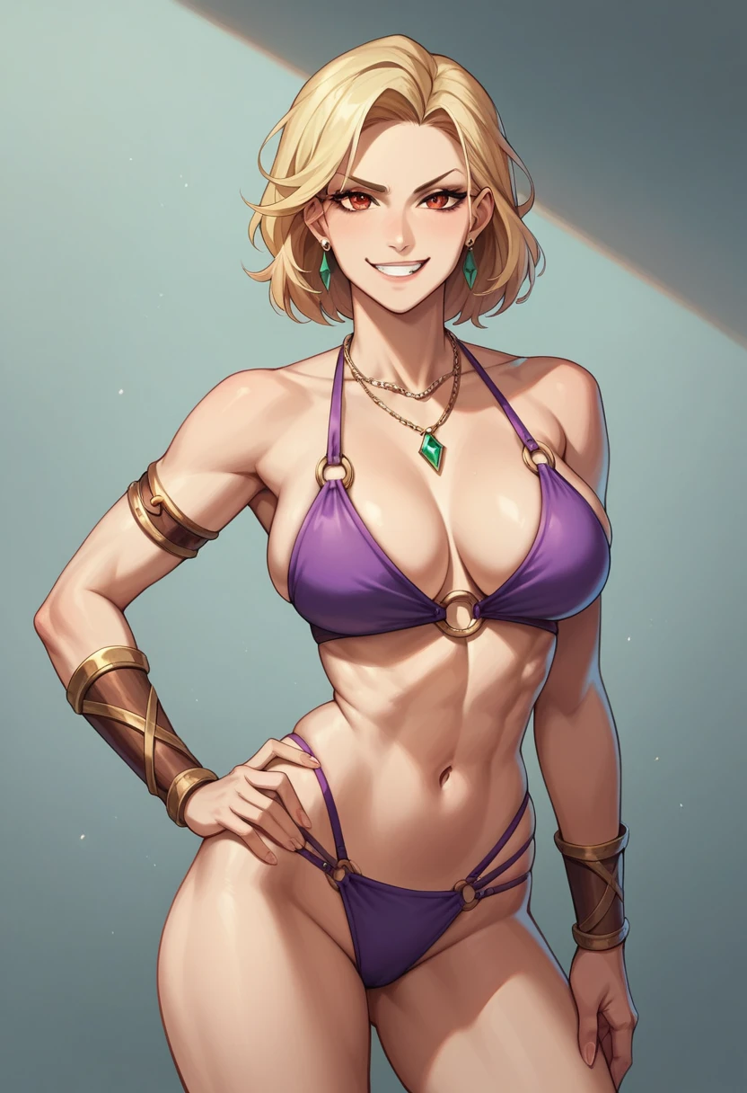 masterpiece, 4K, best quality, FELute, necklace, bracers, cowboy shot, looking at viewer, smirk, swimsuit, purple bikini