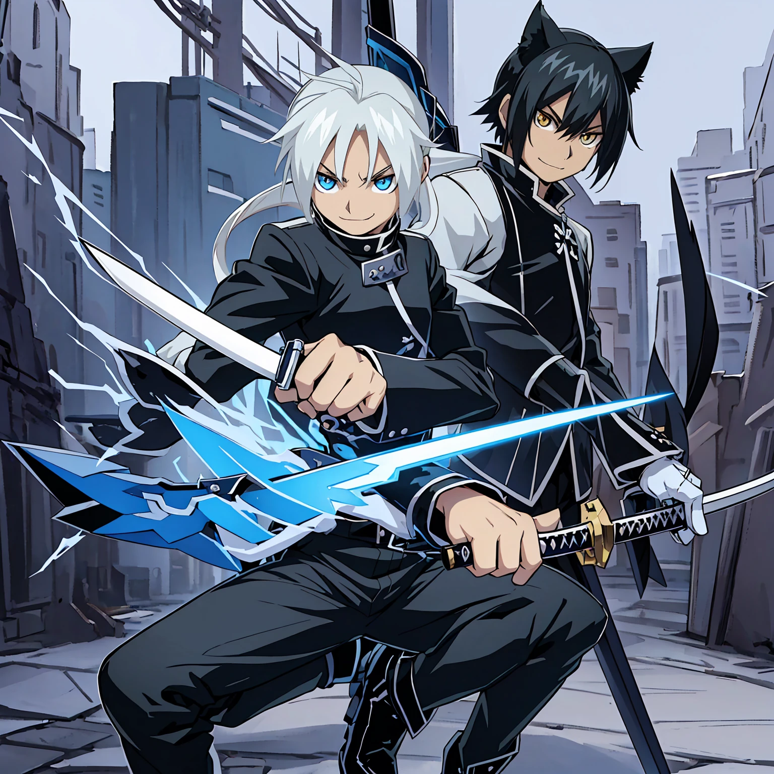 Blue eyes that almost look like those of a cat, with acircular pupils accompanied by it, White hair, Demon Hunter Uniform; resembling a Black Gakuran with a Blue Ribbon on his waist and multiple Magatama accessories along with white boots, Lightning Katana in his hand, with a radiant smile on his face and in the World of RWBY.