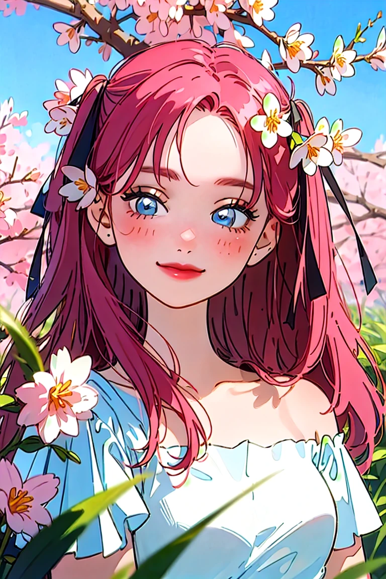 Best quality, masterpiece, ultra high res, (photorealistic:1.4), raw photo, 1girl, white dress, off shoulder, blossom flower field, glowing skin, light smile, nino nakano, pink red long hair, shoulder, blue eyes, hair ribbons