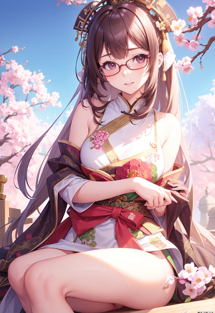 1 Girl, heroine, good looking, Splattered ink, Chinese Armor, (Upper Body), Black Hair, Floating Hair, Delicate eyes, Antique black and green damask patterned Hanfu, Fob, (F1.8), (masterpiece), (Portrait Shot), Front shot, White Background, (Movie Posters), arms Glasses naked