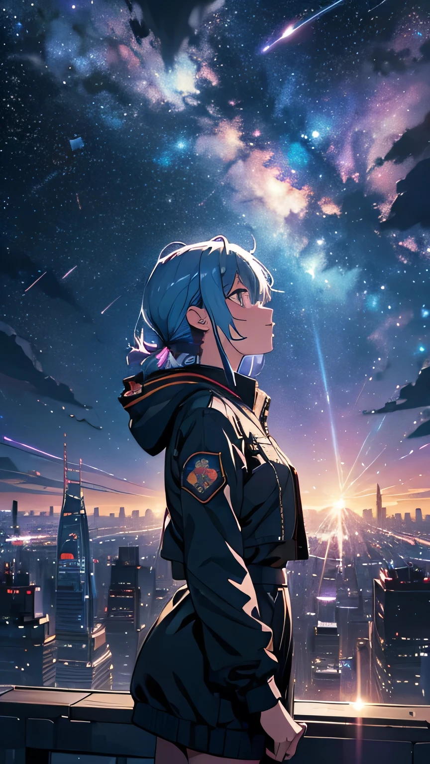 ((Psychedelic shooting starry sky during daytime))、Anime girl looking at the big city view,Large landscape,Small girl, Cyber City of the Future、 Makoto Shinkai Cyril Rolland, Anime Art Wallpapers 8K, Anime Art Wallpapers 8K, Anime Art Wallpapers 8K, Inspired by Cyril Rolland, Dan Mumford&#39;s Artwork Style, Awesome Wallpapers, by Yuumei