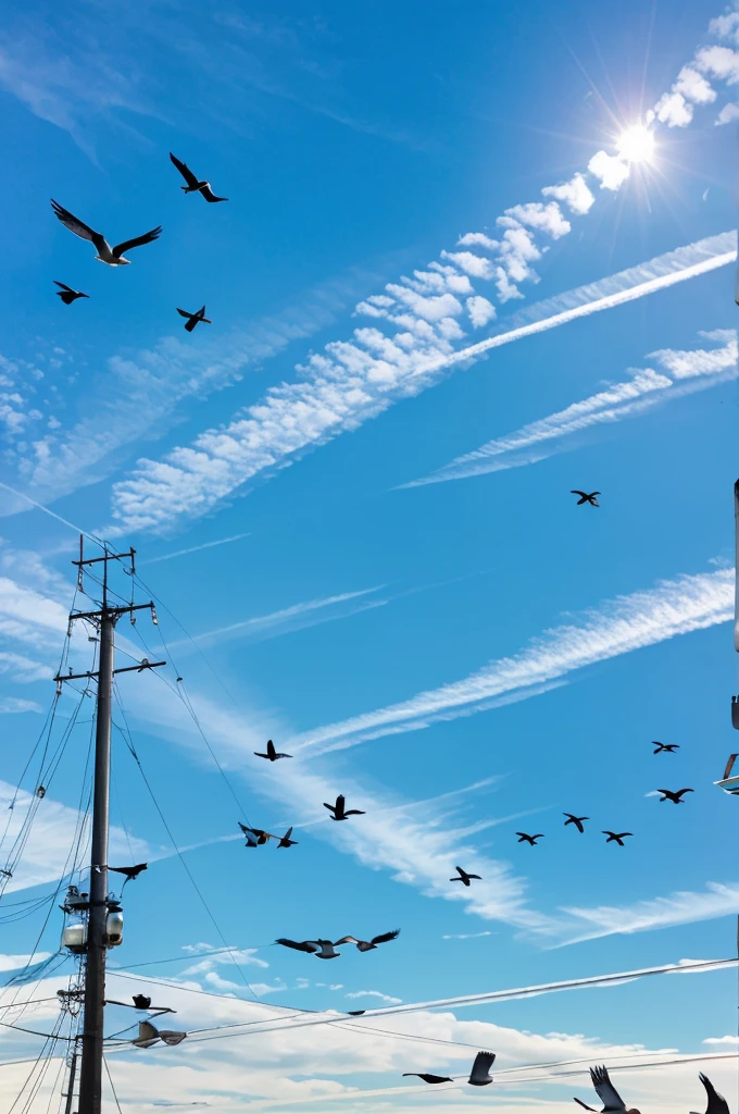 A blue sky during the day with lots of lighting, with birds