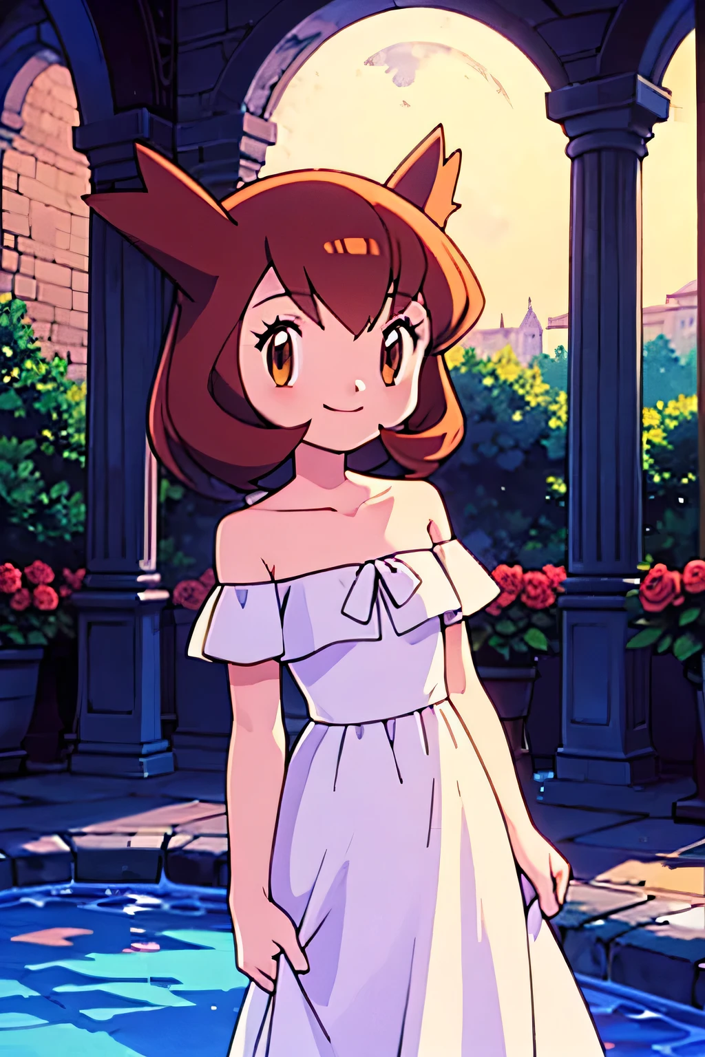 masterpiece, best quality, ultra-detailed, illustration, beautiful detailed eyes, very detailed illustration, cinematic lighting, 1 girl, solo, Pokemon Heroes (Bianca), Brown Hair, brown eyes, 1 girl, solo, bare shoulders, strapless, off shoulders, ruffle off the shoulder top, white maxi dress, intricate details, sharp focus, high resolution, the background of beautiful garden with columns, on a beautiful night, full moon, smile, standing near a water pool on the bottom, arms at sides, pink rose bushes, anime style, ultra-detailed, hdr, in the center, Close up
