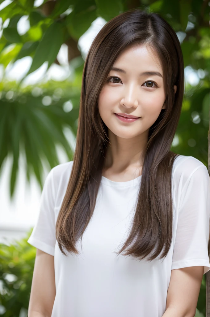 Japanese women, 40s, White background, simple背景,Long Hair、White-brown hair, Slender, 4K, 8K, High quality, Beauty products, EyesBeautiful Eyes, simple, It is high resolution.,1 person,Beautiful Skin,Beautiful Skin、Natural smile、Short sleeve、Wearing summer clothes