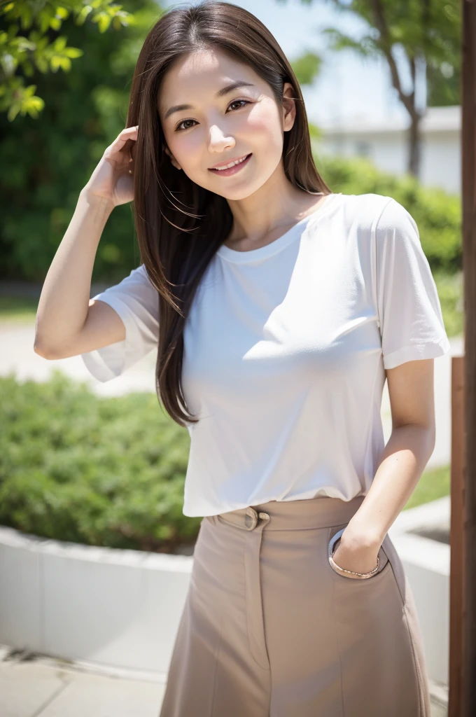 Japanese women, 40s, White background, simple背景,Long Hair、White-brown hair, Slender, 4K, 8K, High quality, Beauty products, EyesBeautiful Eyes, simple, It is high resolution.,1 person,Beautiful Skin,Beautiful Skin、Natural smile、Short sleeve、Wearing summer clothes