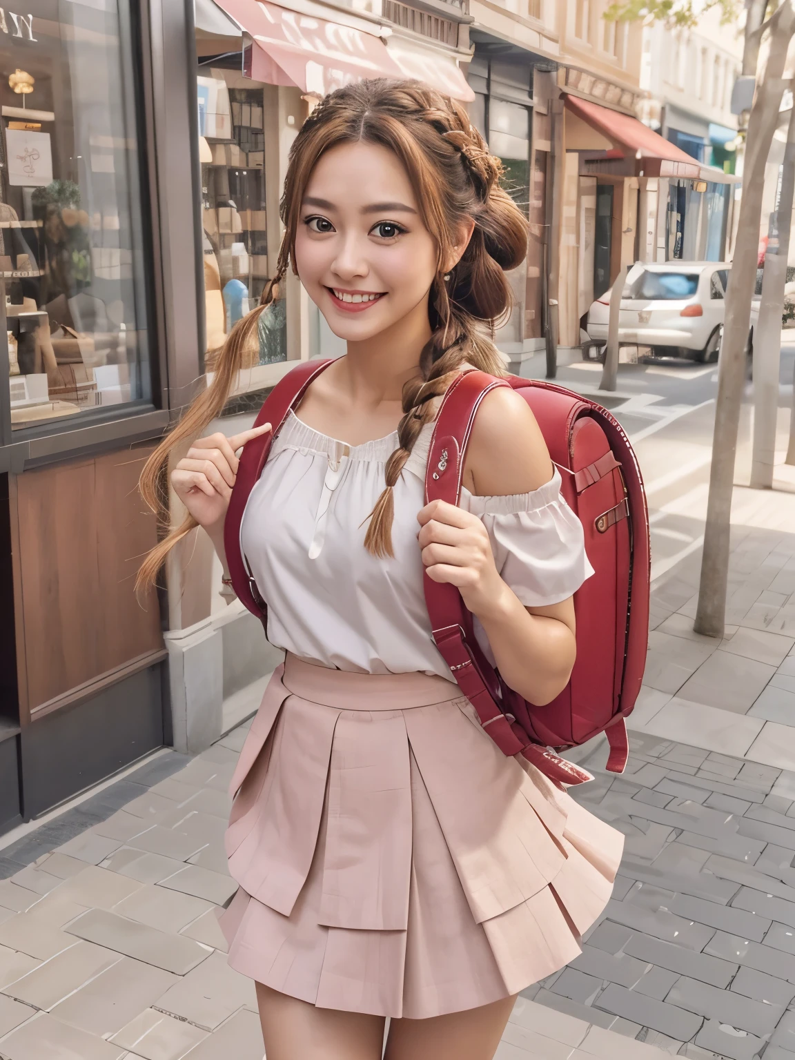masutepiece, Best Quality, hight resolution, realistic, Long hair, Brown hair, braid, Brown eyes,Off-shoulder,White shirt,Pink skirt, Pleated skirt, Smile, standing, Open mouth, Town,city, wearing backpack, (backpack:1.2)