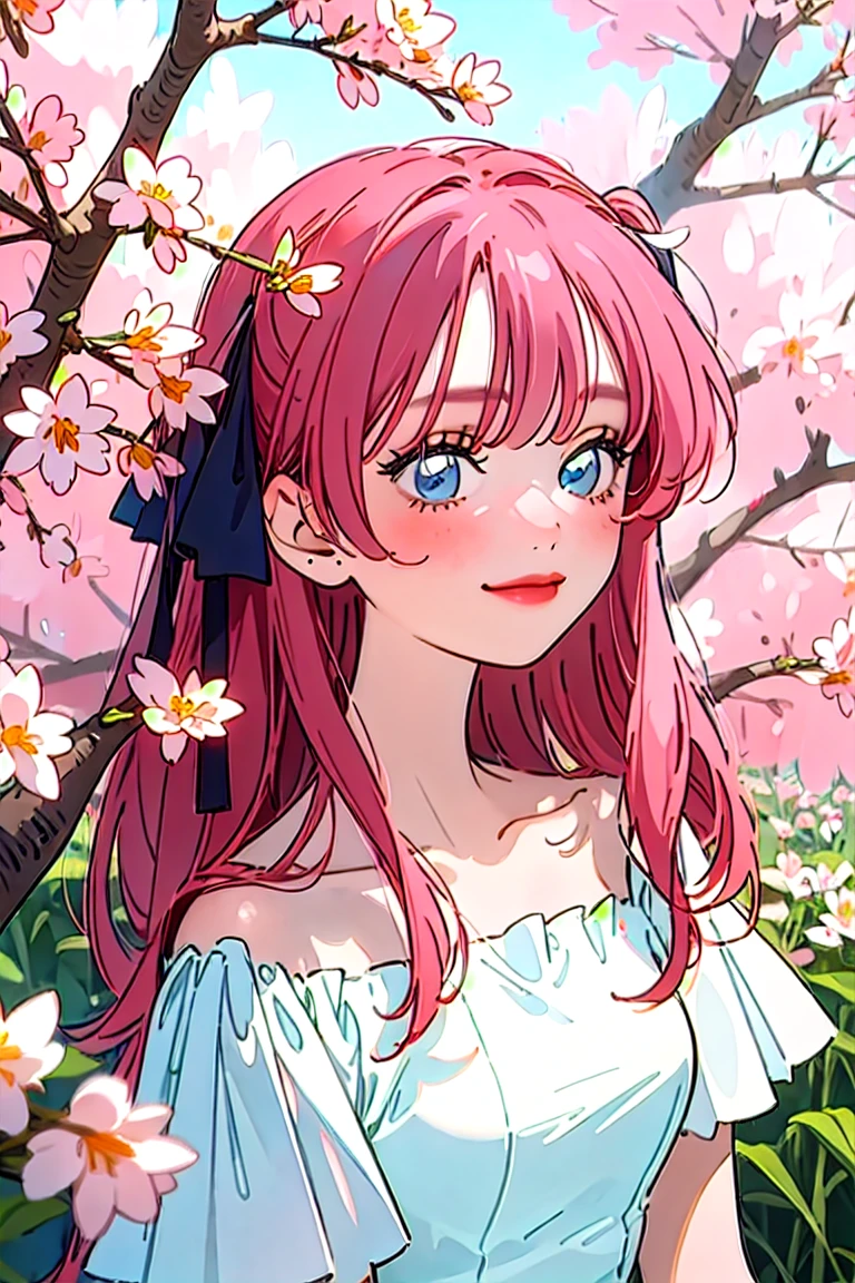 Best quality, masterpiece, ultra high res, (photorealistic:1.4), raw photo, 1girl, white dress, off shoulder, blossom flower field, glowing skin, light smile, nino nakano, pink red long hair, shoulder, blue eyes, hair ribbons