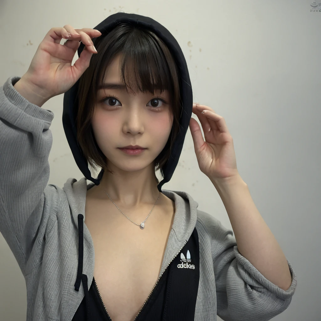 Japanese girl, short haircut, 20 years old, one girl, cute, wearing a black Adidas hoodie