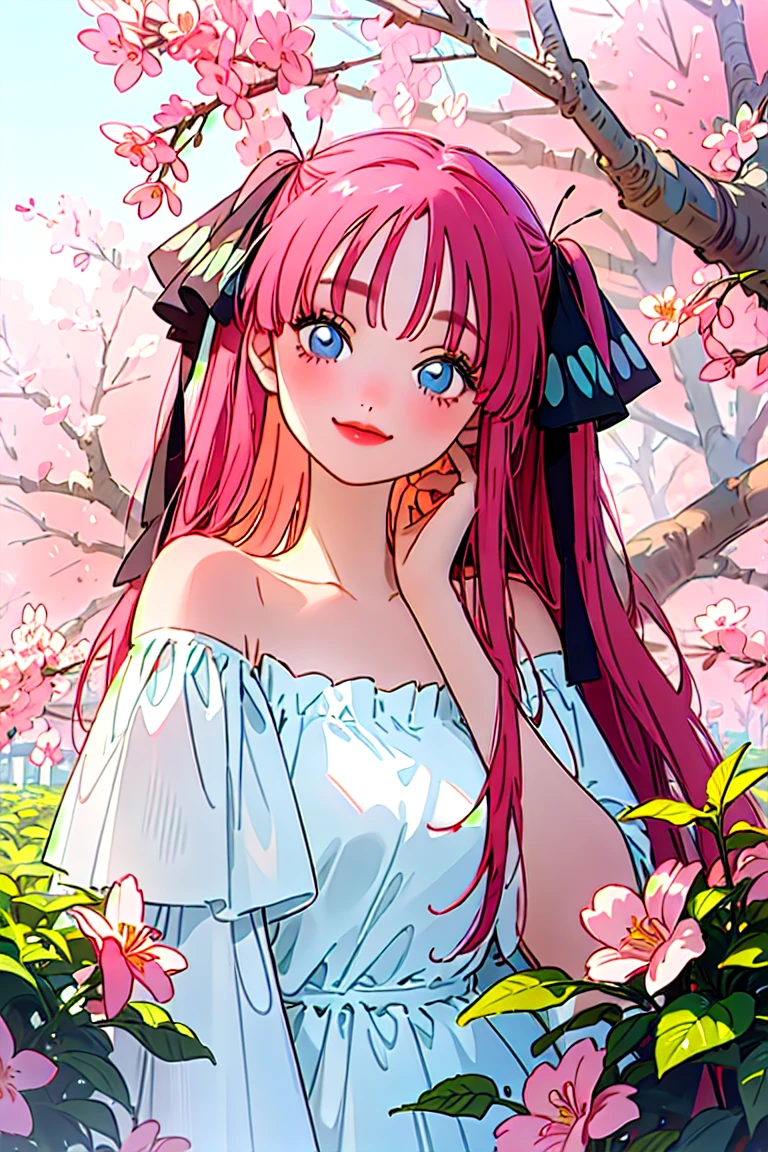 Best quality, masterpiece, ultra high res, (photorealistic:1.4), raw photo, 1girl, white dress, off shoulder, blossom flower field, glowing skin, light smile, nino nakano, pink red long hair, shoulder, blue eyes, hair ribbons