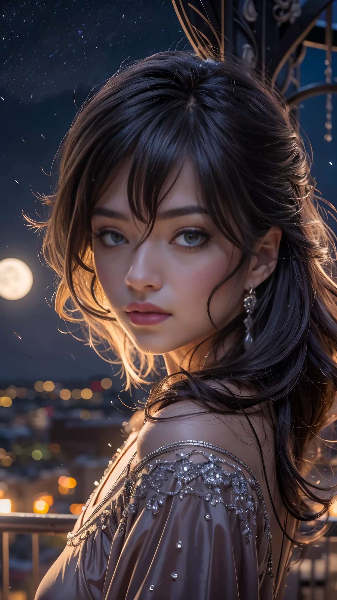 (32k:1.5, Highest quality, masterpiece, Ultra-high resolution), Professional camera work:1.6, Very detailedな肌と顔の質感:1.3, Fascinating肖像画, Very accurate, Very detailed, 1 adult female, ((Amazing night view from the rooftop:1.3, The moonlight at night illuminates my body)), (Satin Nightgown:0.5), Incredibly slim body, Fair skin, elegant, Expressions of sadness, (Big eyes that exude beautiful eroticism:0.8, Sad expression:1.0, I love you with all my heart:0.8, Please open your mouth a little, lipstick, Feel the beautiful eroticism:0.8), (Wet dark brown medium length hair), Candles, The chest is medium, Earrings, necklace, bracelet, Sensual sitting position, (romantic, dramatic, mysterious), Object of admiration, Artistic, Innovative, Fascinating, Exciting, Extreme, clear, Tilt, ((Adult charm, Feminine charm, Hair blowing in the wind))